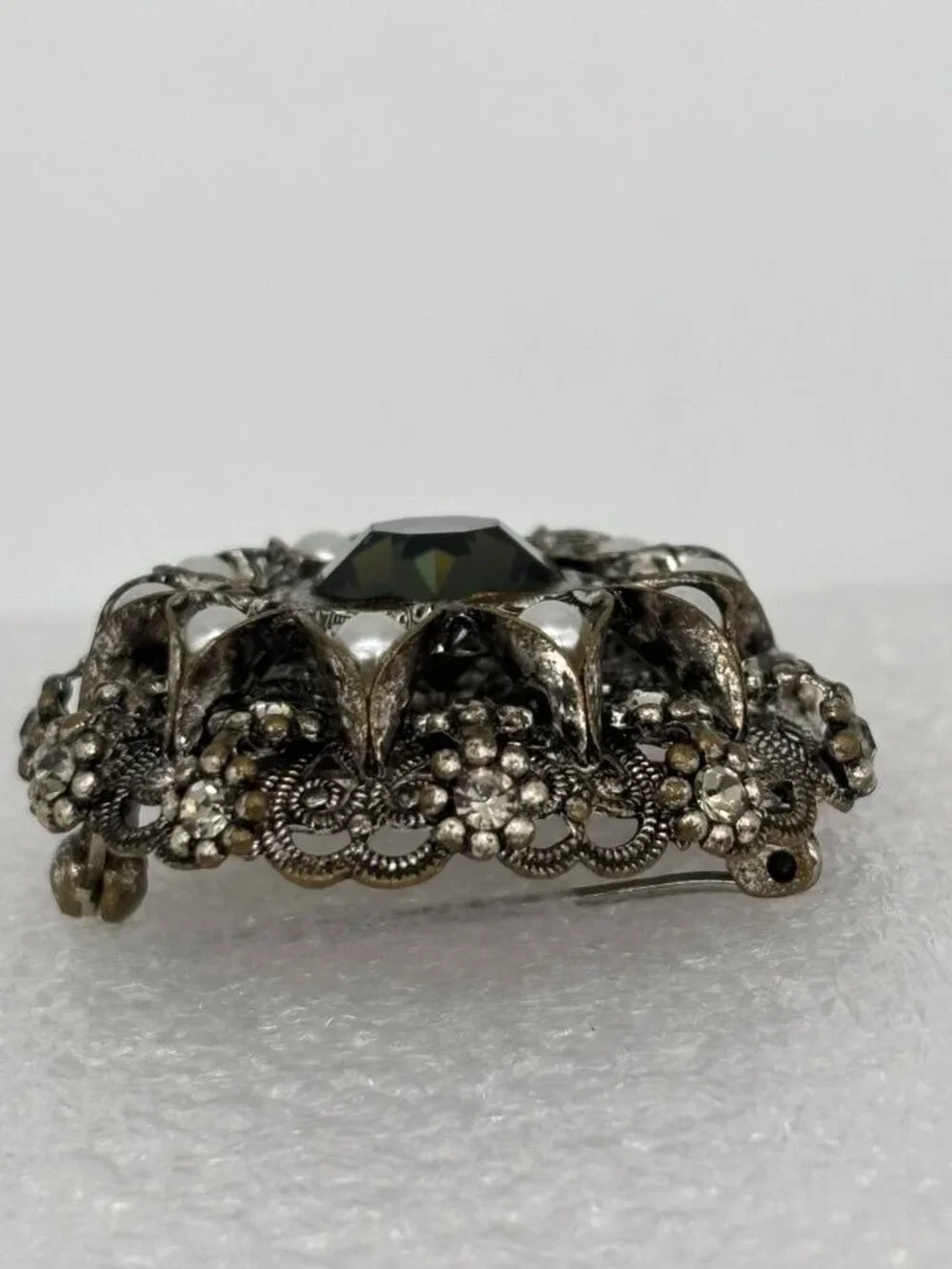 Vintage West Germany High Dome Brooch W/Crystal Faux Pearls Filigree Silver-Tone